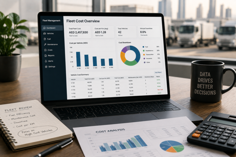 Fleet management dashboard showing cost per vehicle analysis for UAE fleets