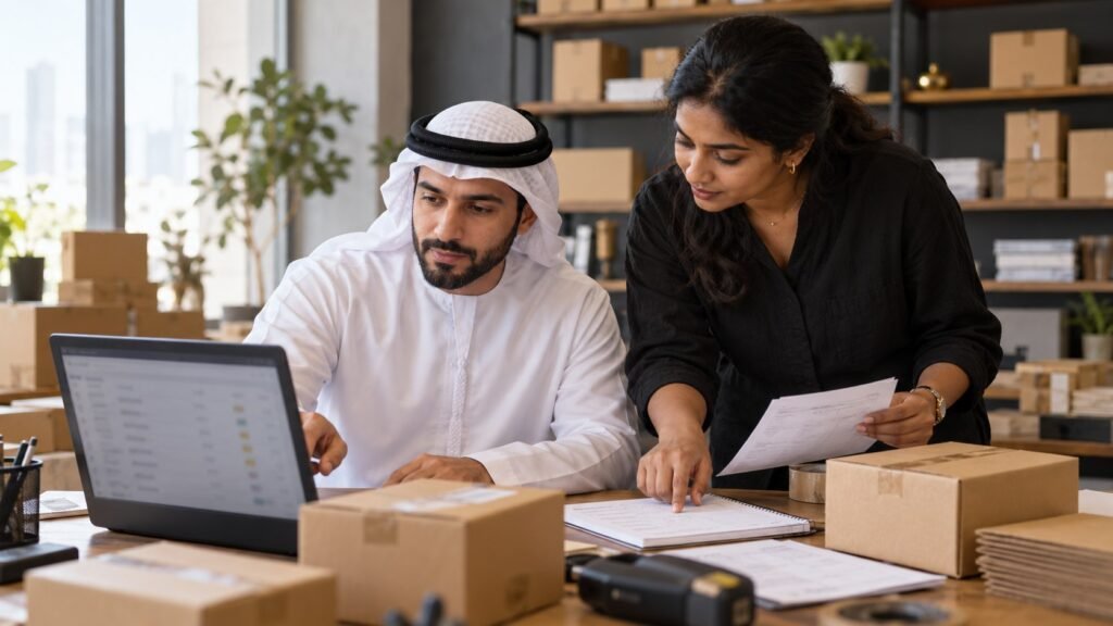 Two staff members reviewing an order checklist beside a laptop and packed boxes.