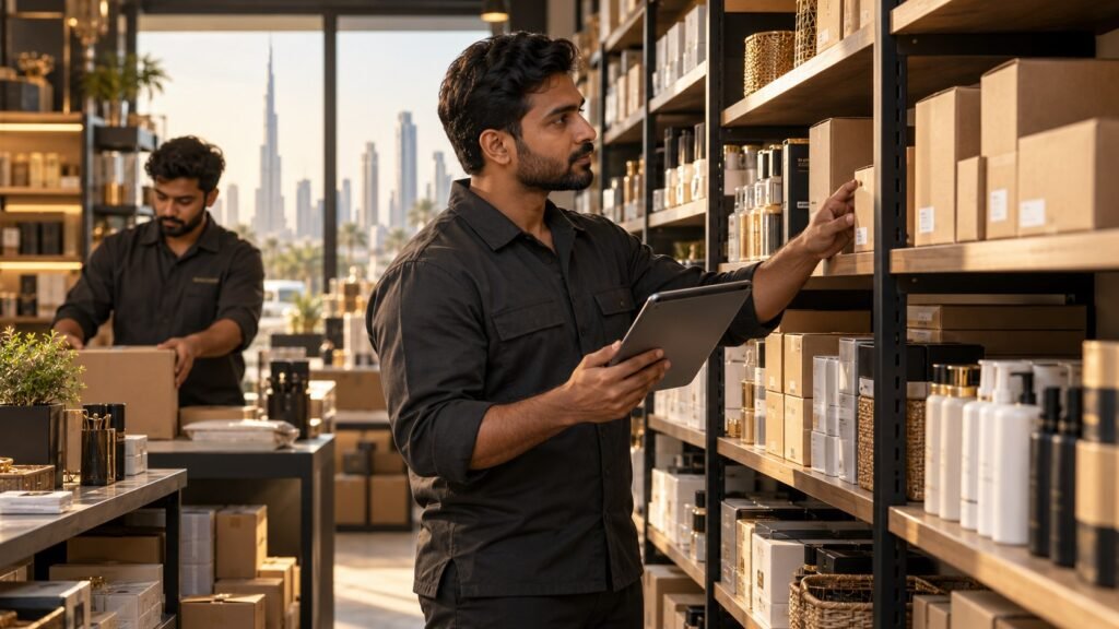 Shop staff checking stock on shelves against a tablet in a small stockroom.