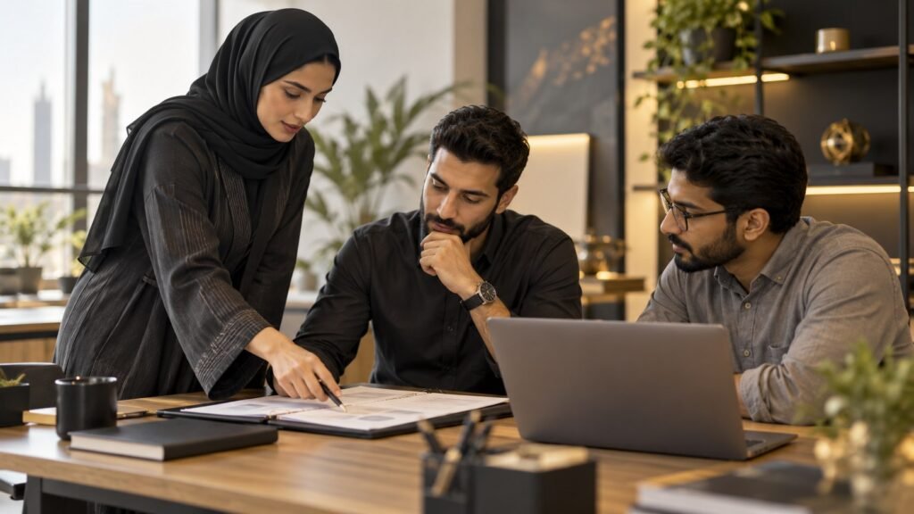 Three colleagues reviewing a paper checklist and laptop during a small office meeting.