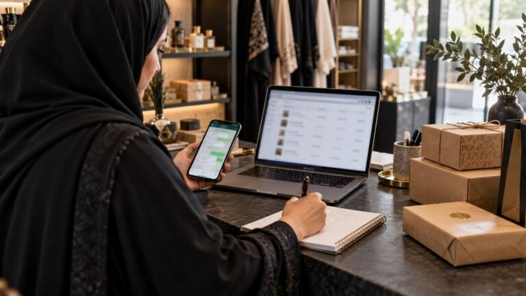 A shop owner using a smartphone, laptop and notebook beside packed customer orders.